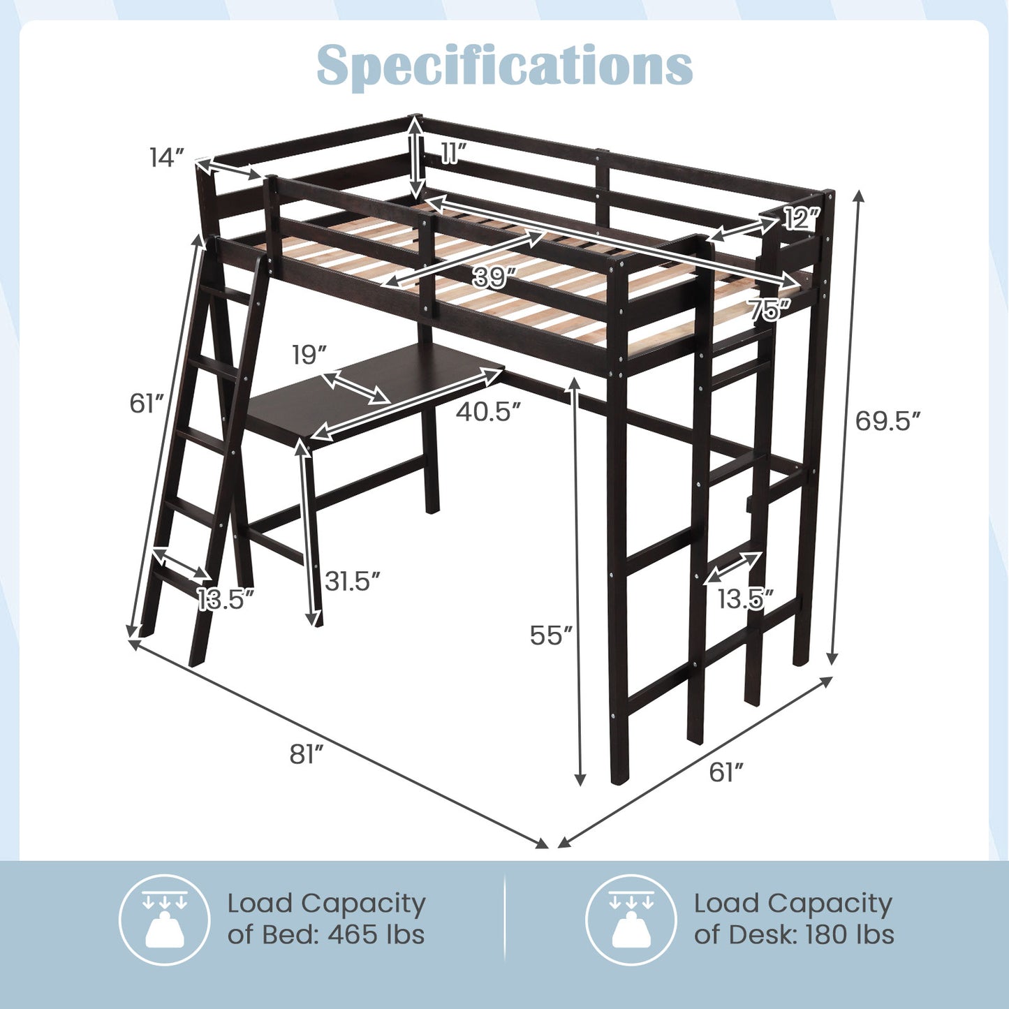 Twin Size Loft Bed Frame with Desk Angled and Built-in Ladder