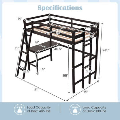 Twin Size Loft Bed Frame with Desk Angled and Built-in Ladder