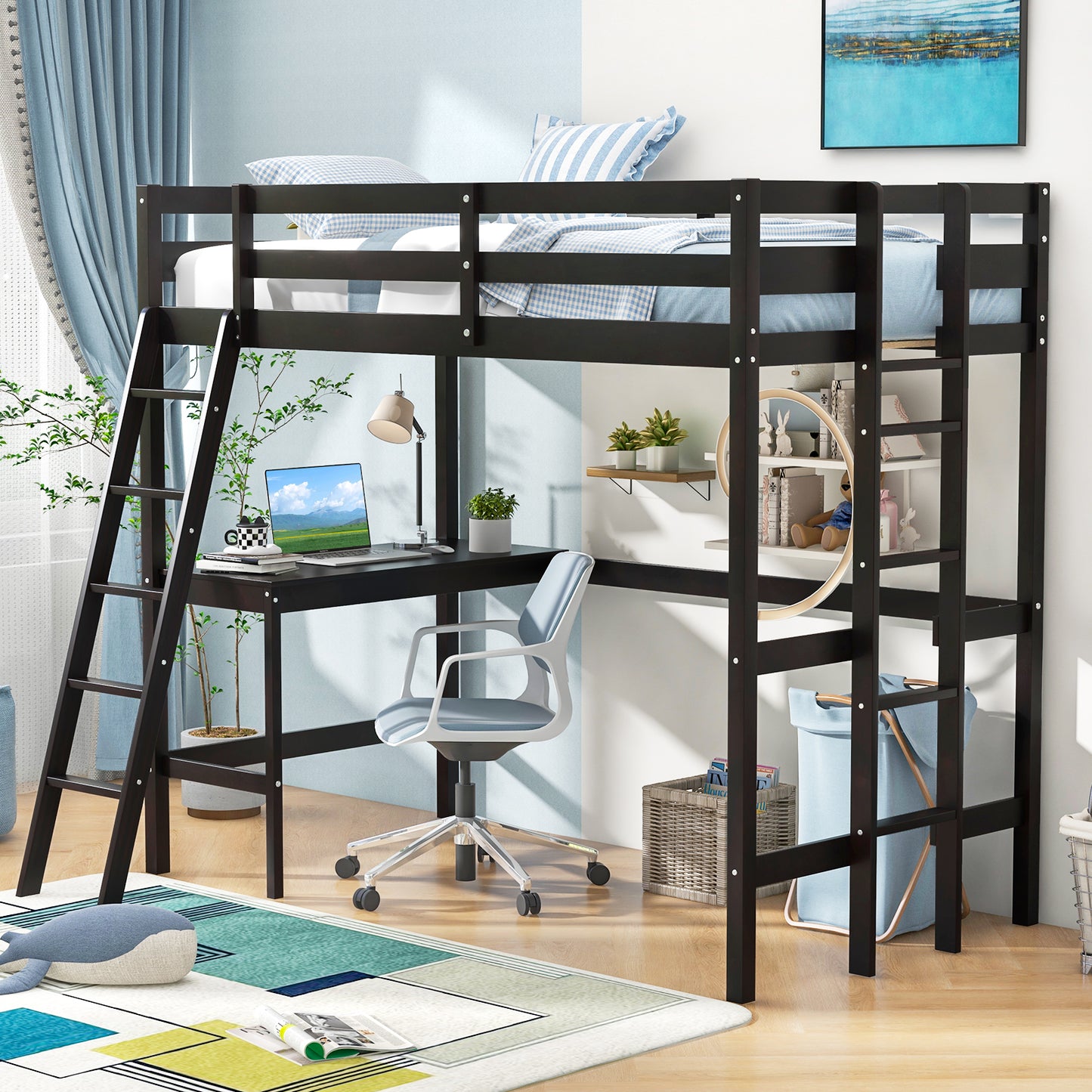 Twin Size Loft Bed Frame with Desk Angled and Built-in Ladder