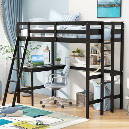 Twin Size Loft Bed Frame with Desk Angled and Built-in Ladder