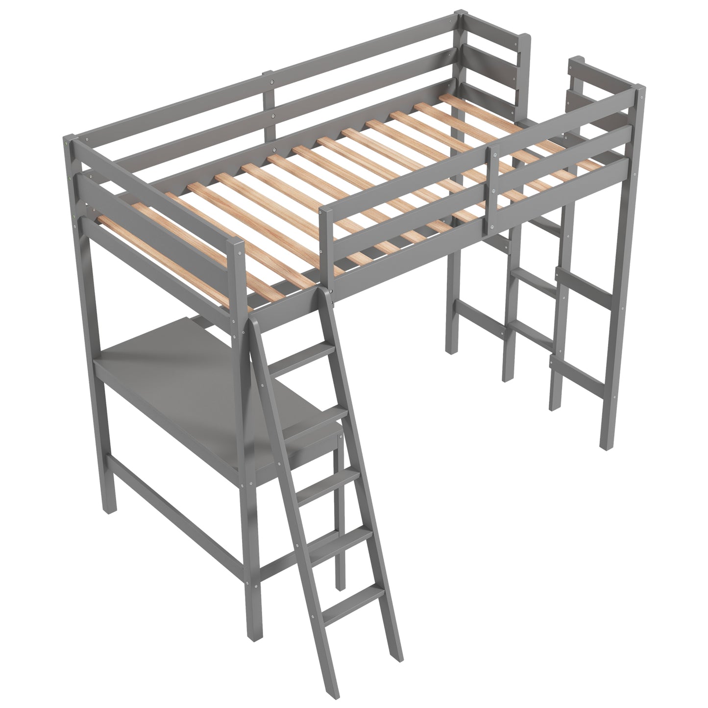Twin Size Loft Bed Frame with Desk Angled and Built-in Ladder-White - Gray