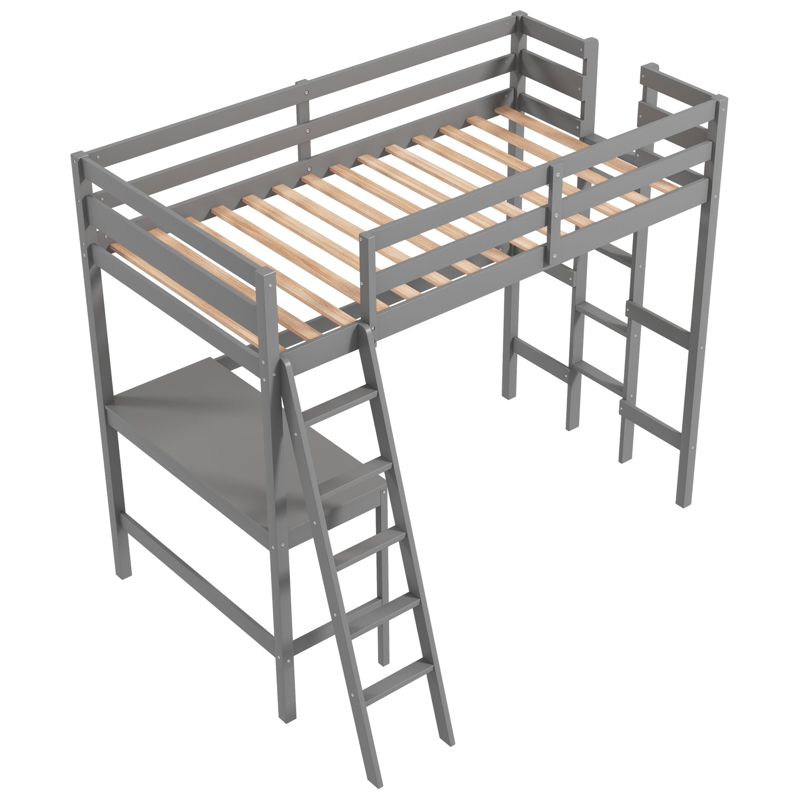 Twin Size Loft Bed Frame with Desk Angled and Built-in Ladder-White - Gray