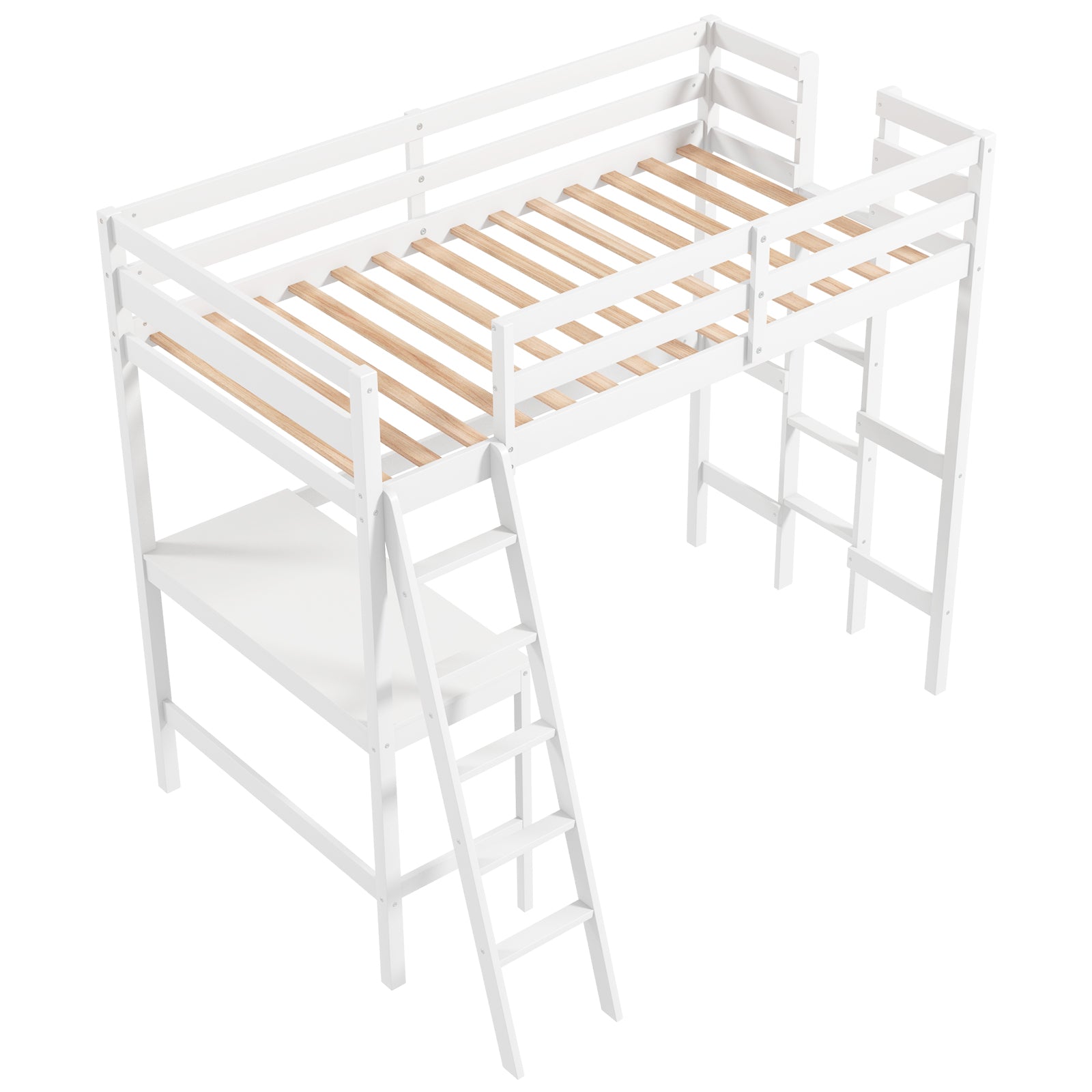 Twin Size Loft Bed Frame with Desk Angled and Built-in Ladder-White - White