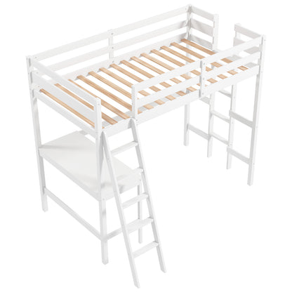 Twin Size Loft Bed Frame with Desk Angled and Built-in Ladder-White - White
