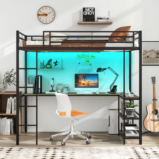 Twin Size Loft Bed Raised Platform Bed with Desk and 2 Storage Shelves-Black