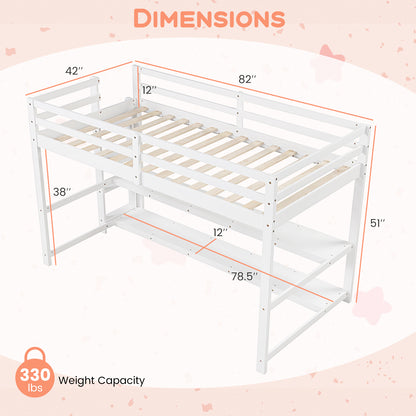 Twin Size Loft Bed with Storage Shelves Full-length Guardrails and Ladder-White