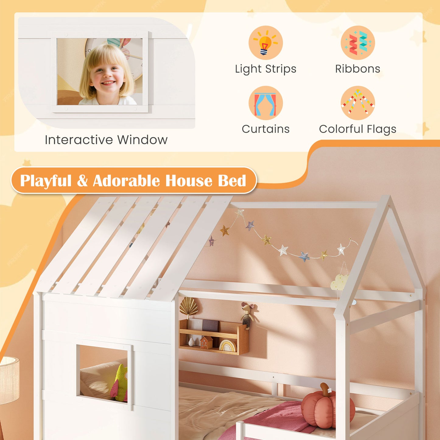 Twin Size Loft Bed with LED Lights Roof Window and Storage Bookshelf-White