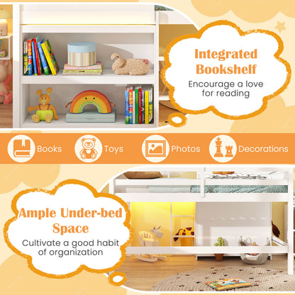 Twin Size Loft Bed with LED Lights Roof Window and Storage Bookshelf-White
