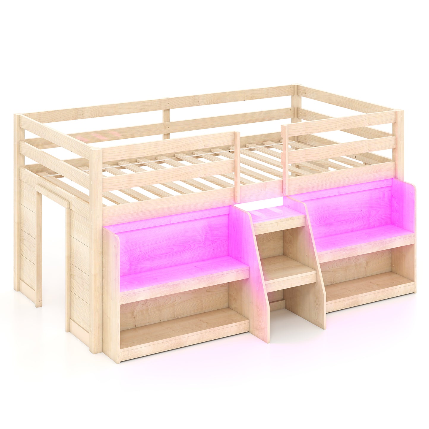 Twin Size Loft Bed with LED Lights with Staircase and Safety Guardrail-Natural - Natural