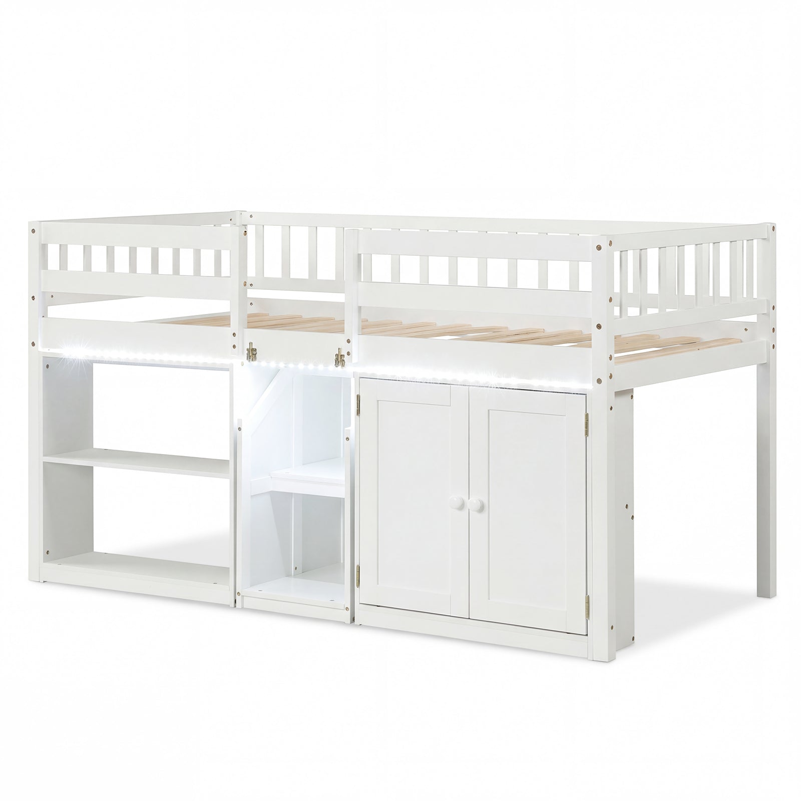 Twin Size Loft Bed with LED Lights and Kids Wooden Bed Frame-White