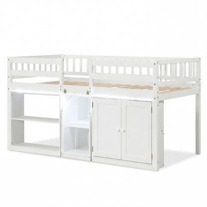 Twin Size Loft Bed with LED Lights and Kids Wooden Bed Frame-White