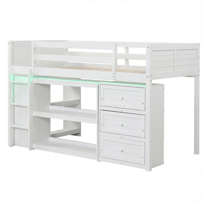 Twin Size Loft Bed with LED Lights and Underbed Space for Kids-White