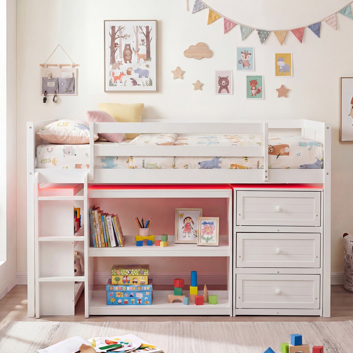 Twin Size Loft Bed with LED Lights and Underbed Space for Kids-White