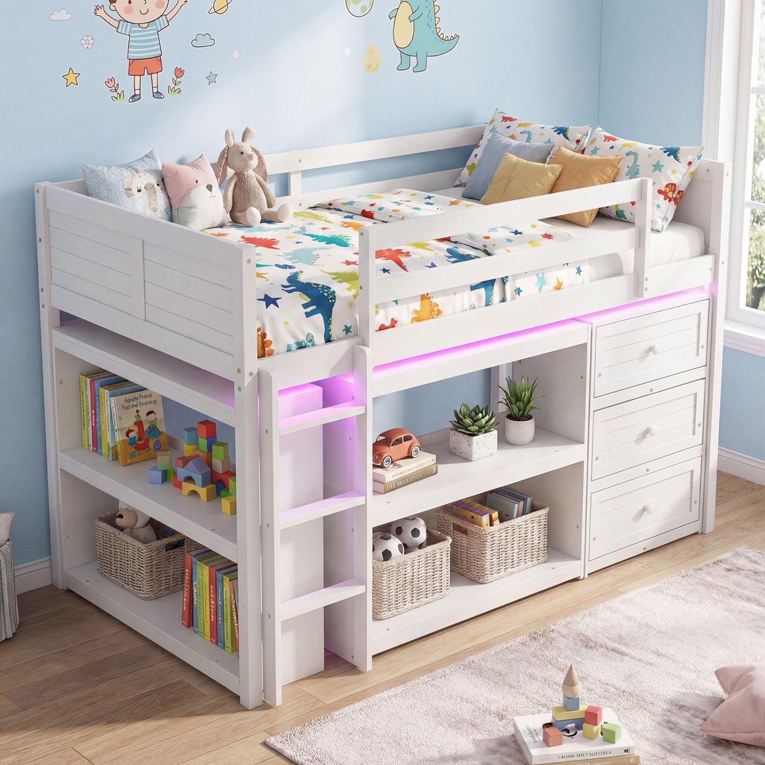 Twin Size Loft Bed with LED Lights and Underbed Space for Kids-White
