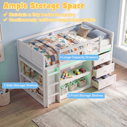 Twin Size Loft Bed with LED Lights and Underbed Space for Kids-White