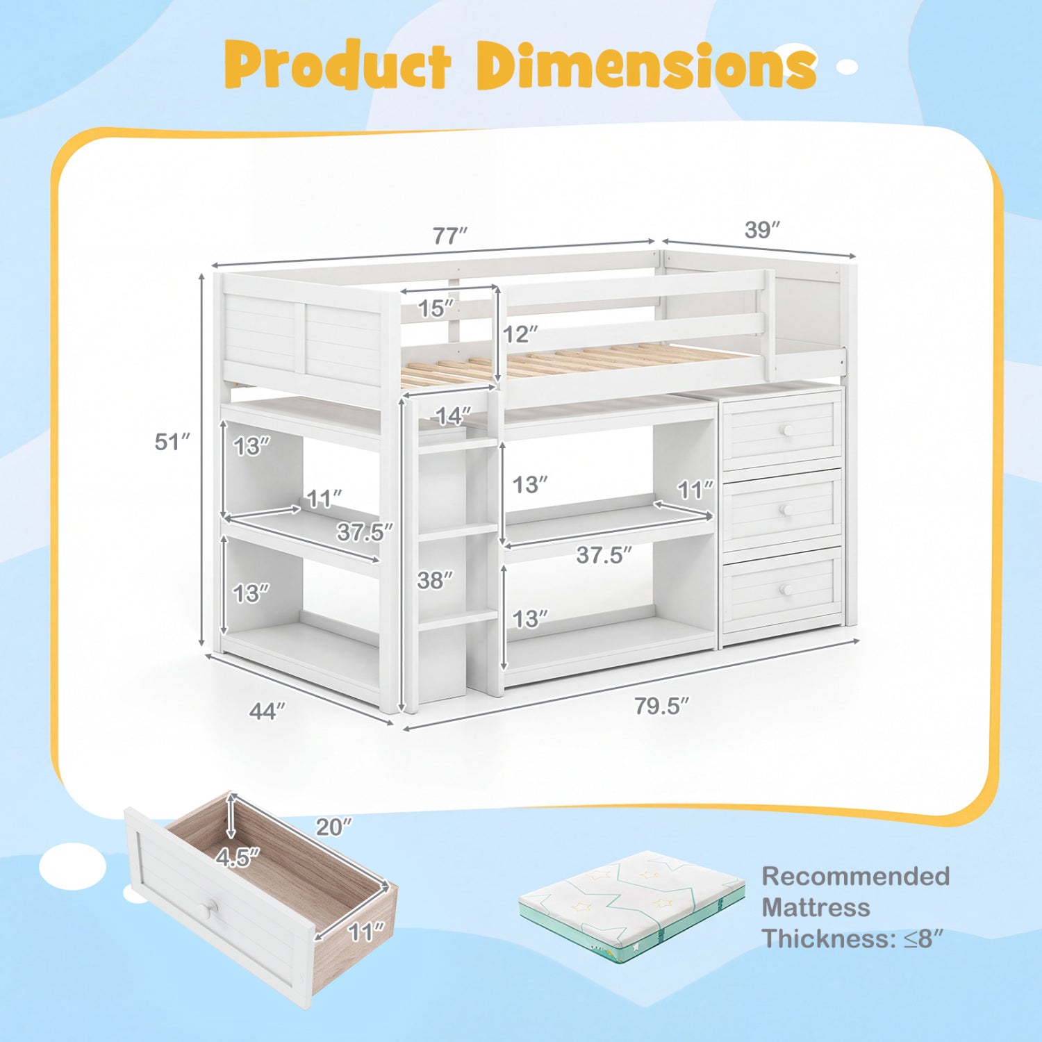Twin Size Loft Bed with LED Lights and Underbed Space for Kids-White