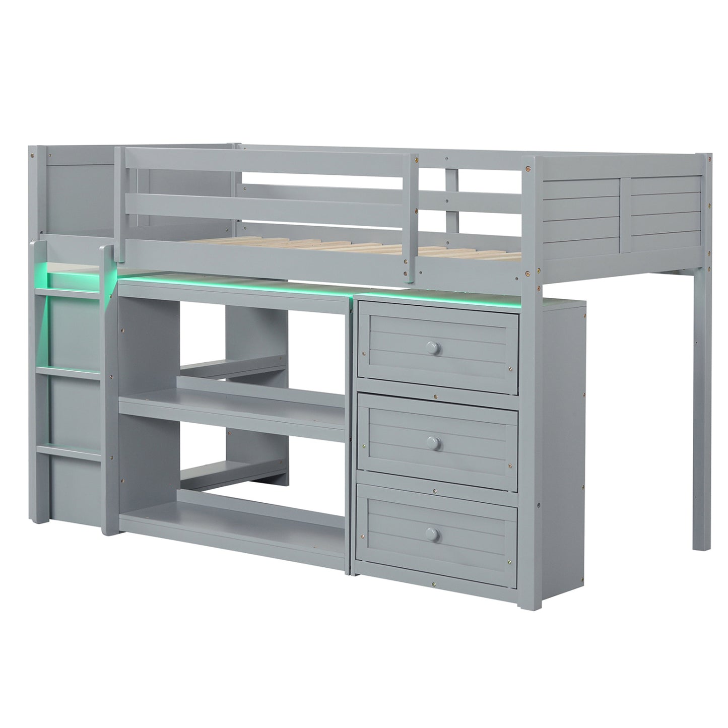 Twin Size Loft Bed with LED Lights and Underbed Space for Kids-Gray