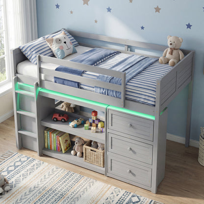 Twin Size Loft Bed with LED Lights and Underbed Space for Kids-Gray