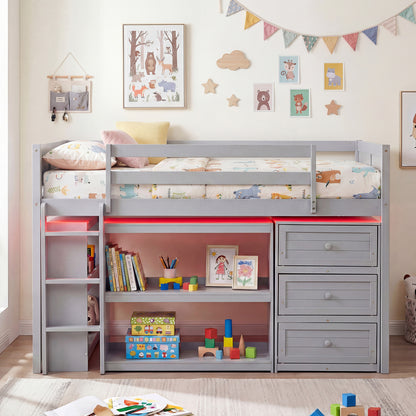 Twin Size Loft Bed with LED Lights and Underbed Space for Kids-Gray