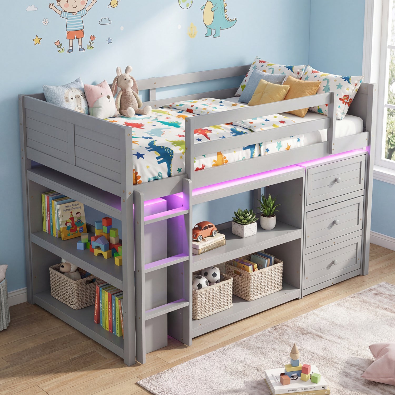 Twin Size Loft Bed with LED Lights and Underbed Space for Kids-Gray