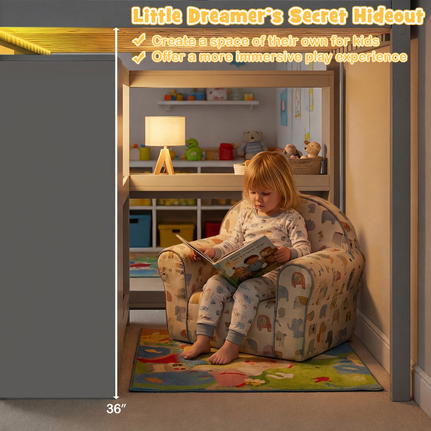 Twin Size Loft Bed with LED Lights and Underbed Space for Kids-Gray
