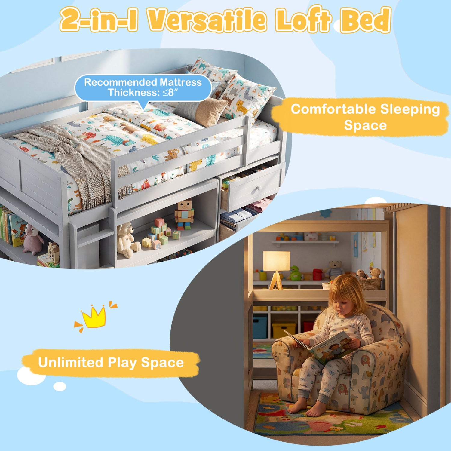 Twin Size Loft Bed with LED Lights and Underbed Space for Kids-Gray