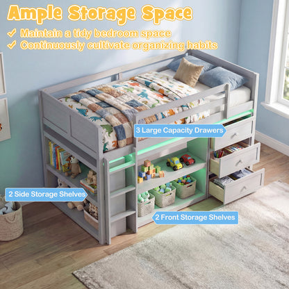 Twin Size Loft Bed with LED Lights and Underbed Space for Kids-Gray