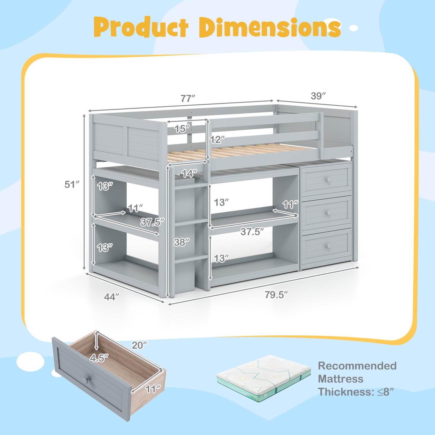 Twin Size Loft Bed with LED Lights and Underbed Space for Kids-Gray