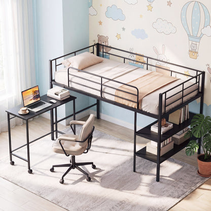 Twin Size Loft Bed with Rolling Desk and Bookshelf Platform Bed Frame
