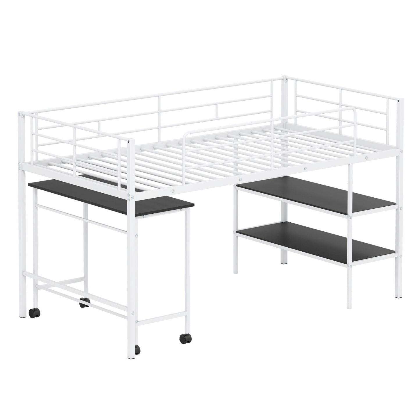 Twin Size Loft Bed with Rolling Desk and Bookshelf Platform Bed Frame