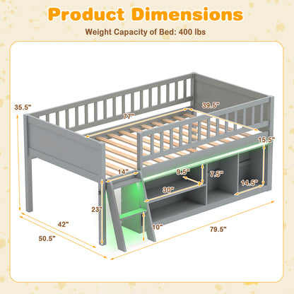 Twin Loft Bed with LED Lights & Bookshelf for Kids
