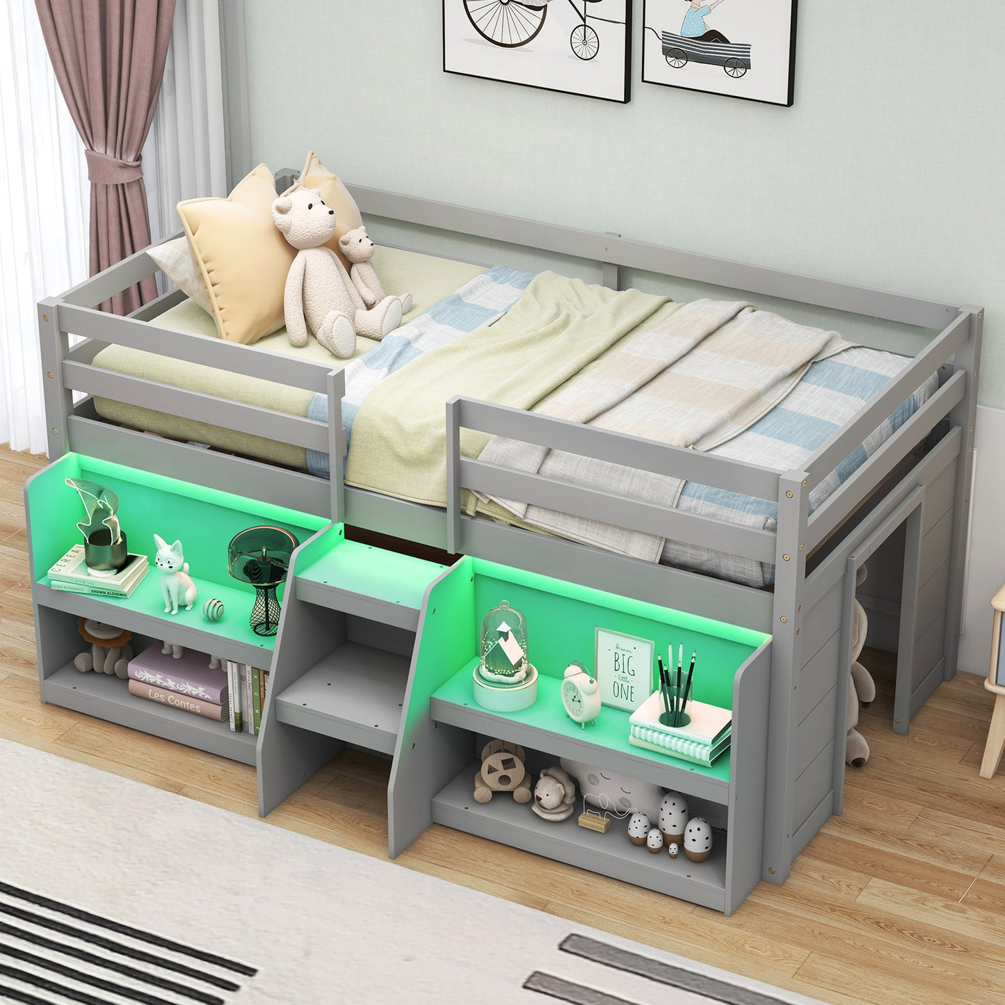 Twin Size Loft Bed with LED Lights with Staircase and Safety Guardrail