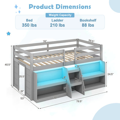 Twin Size Loft Bed with LED Lights with Staircase and Safety Guardrail
