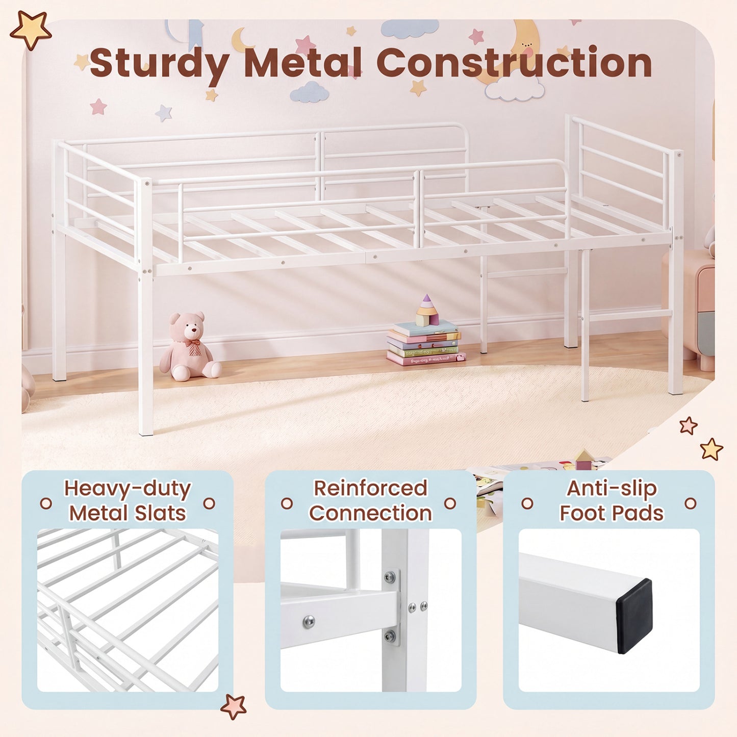 Twin Low Loft Bed with Safety Guardrails and 2 Ladders