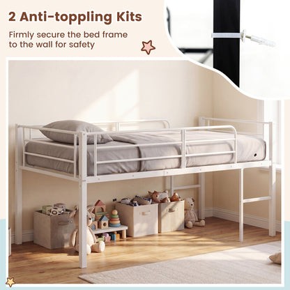 Twin Low Loft Bed with Safety Guardrails and 2 Ladders