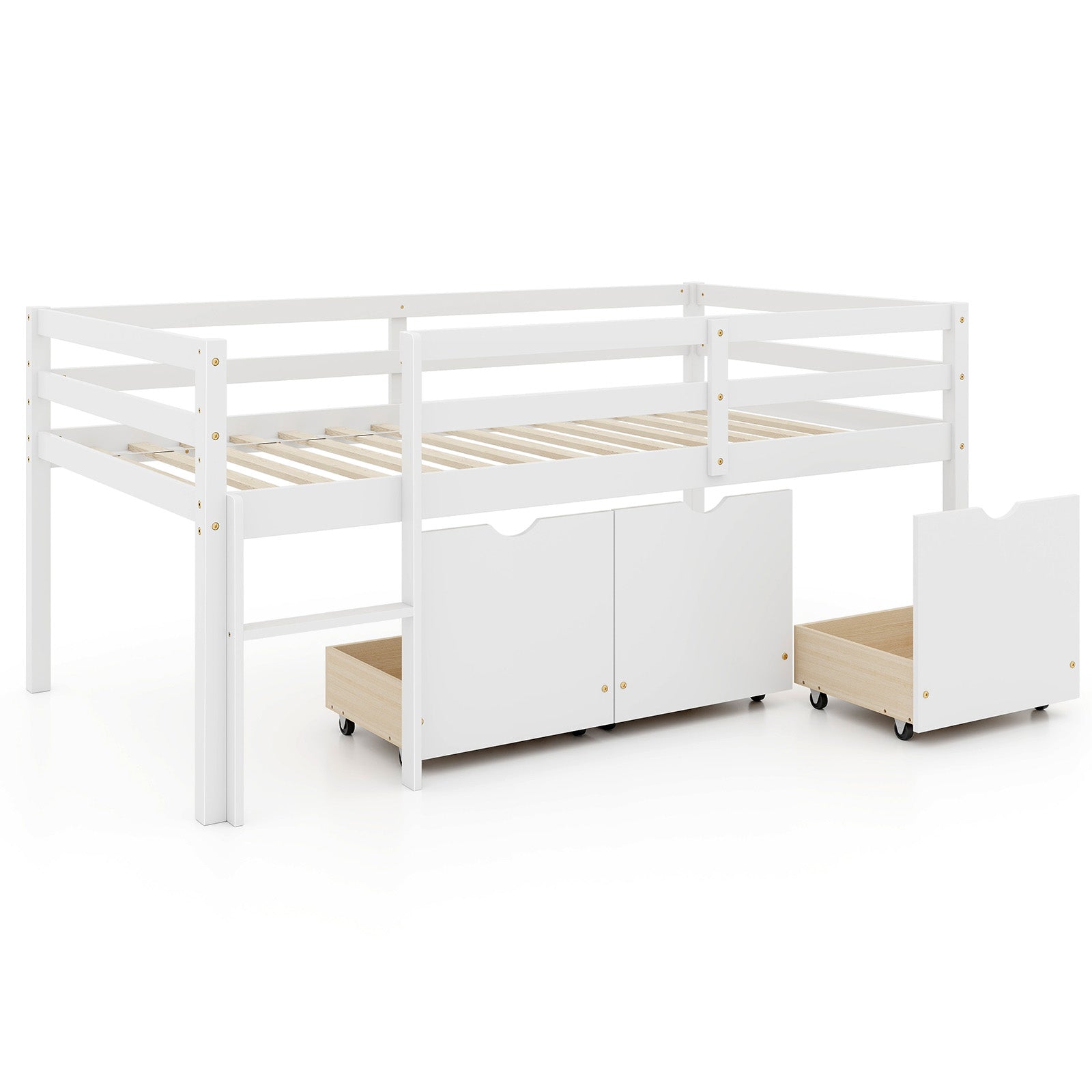 Twin Size Low Loft Bed with 3 Drawers with Ladder and Full-length Guardrails-Gray - White