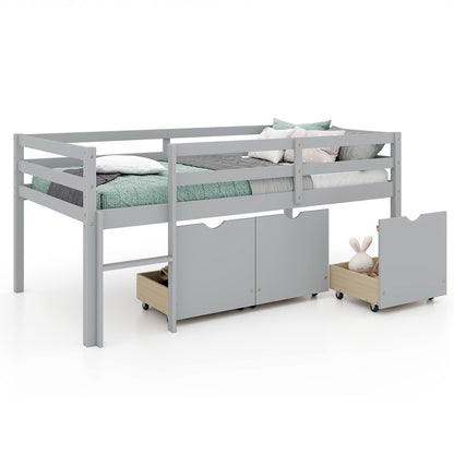 Twin Size Low Loft Bed with 3 Drawers with Ladder and Full-length Guardrails
