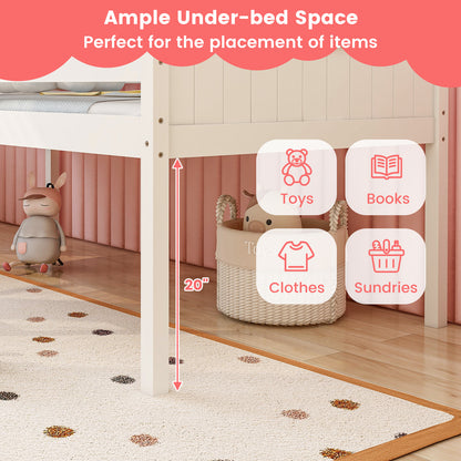 Twin Size Kids House Bed Low Loft Bed Frame with Roof-White