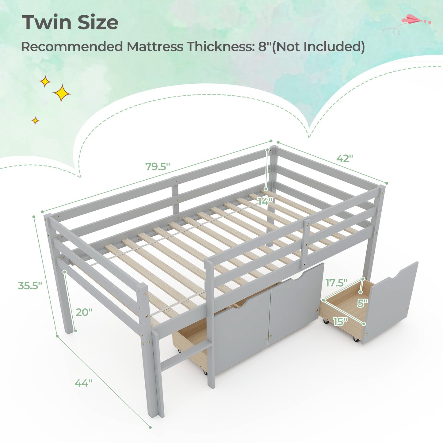 Twin Size Low Loft Bed with 3 Drawers with Ladder and Full-length Guardrails