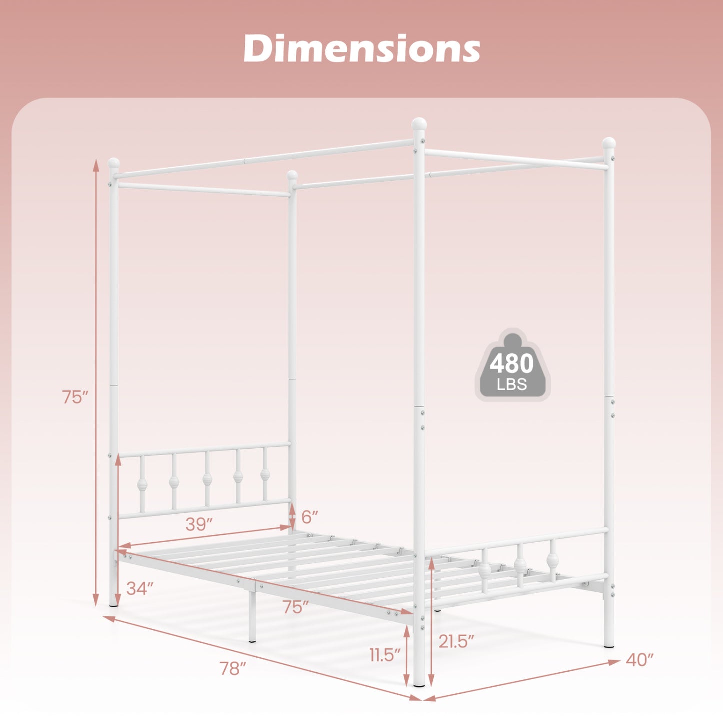 Twin Metal Canopy Bed Frame with Headboard and Footboard