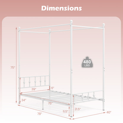 Twin Metal Canopy Bed Frame with Headboard and Footboard