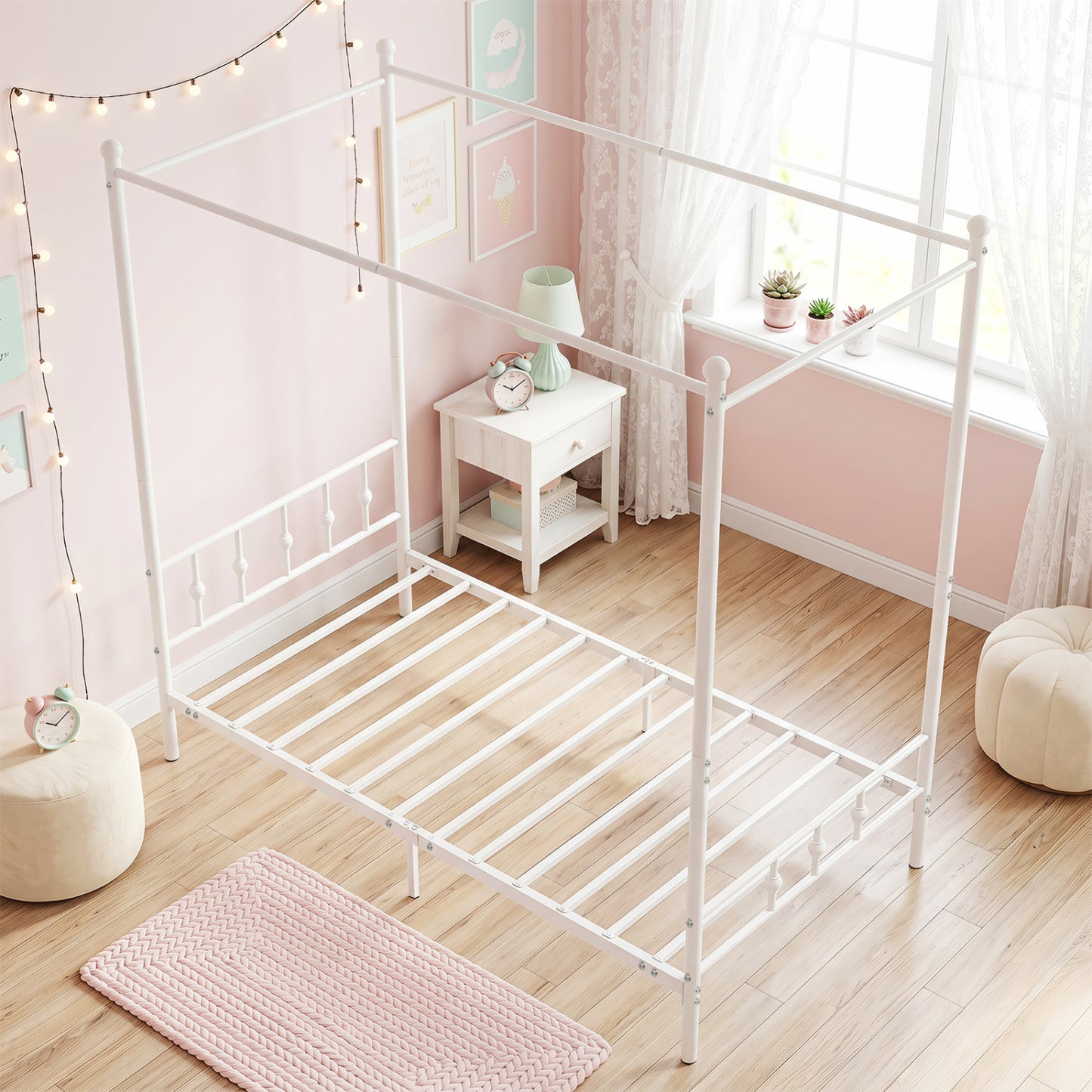 Twin Metal Canopy Bed Frame with Headboard and Footboard