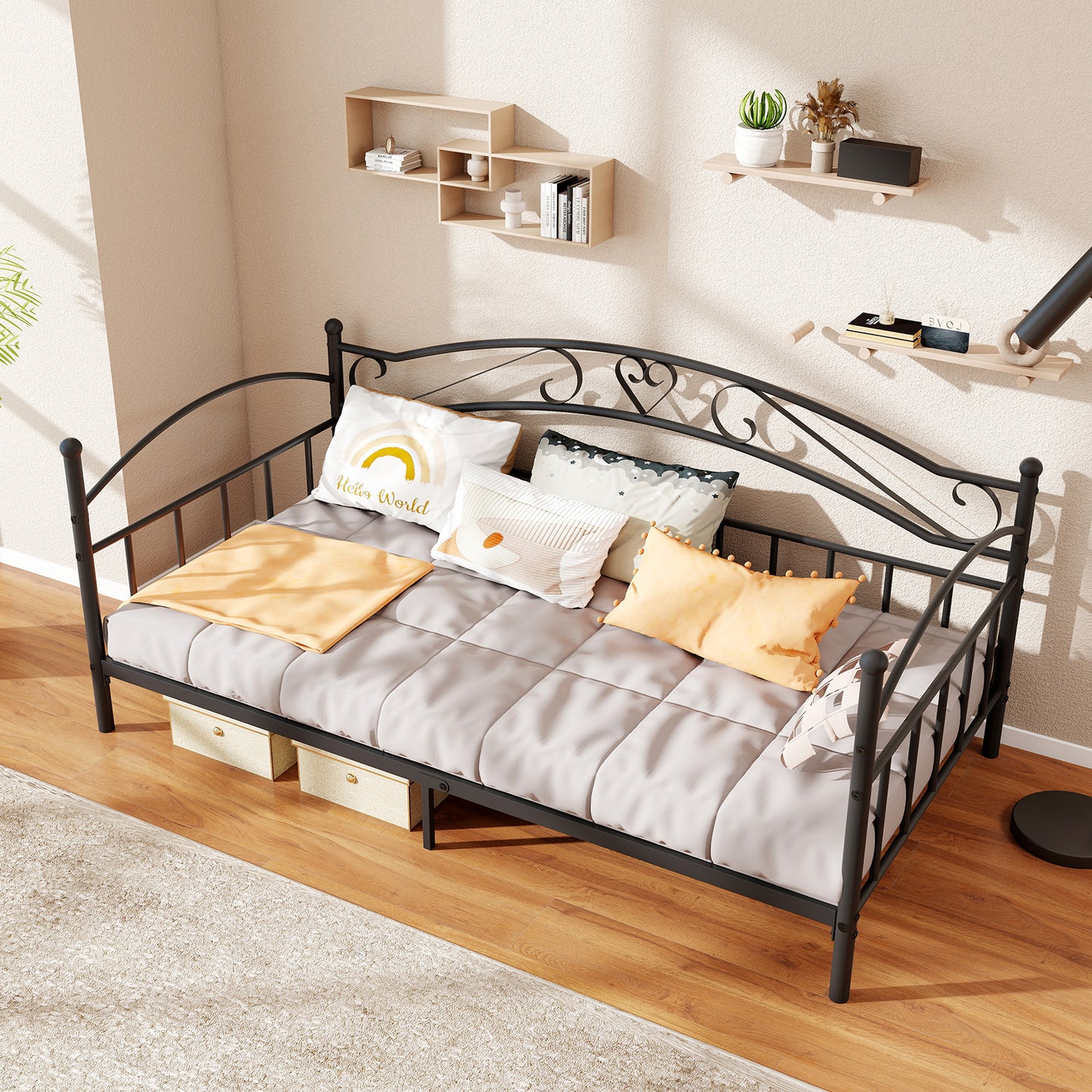Twin Size Metal Daybed Frame with Headboard for Bedroom-Black