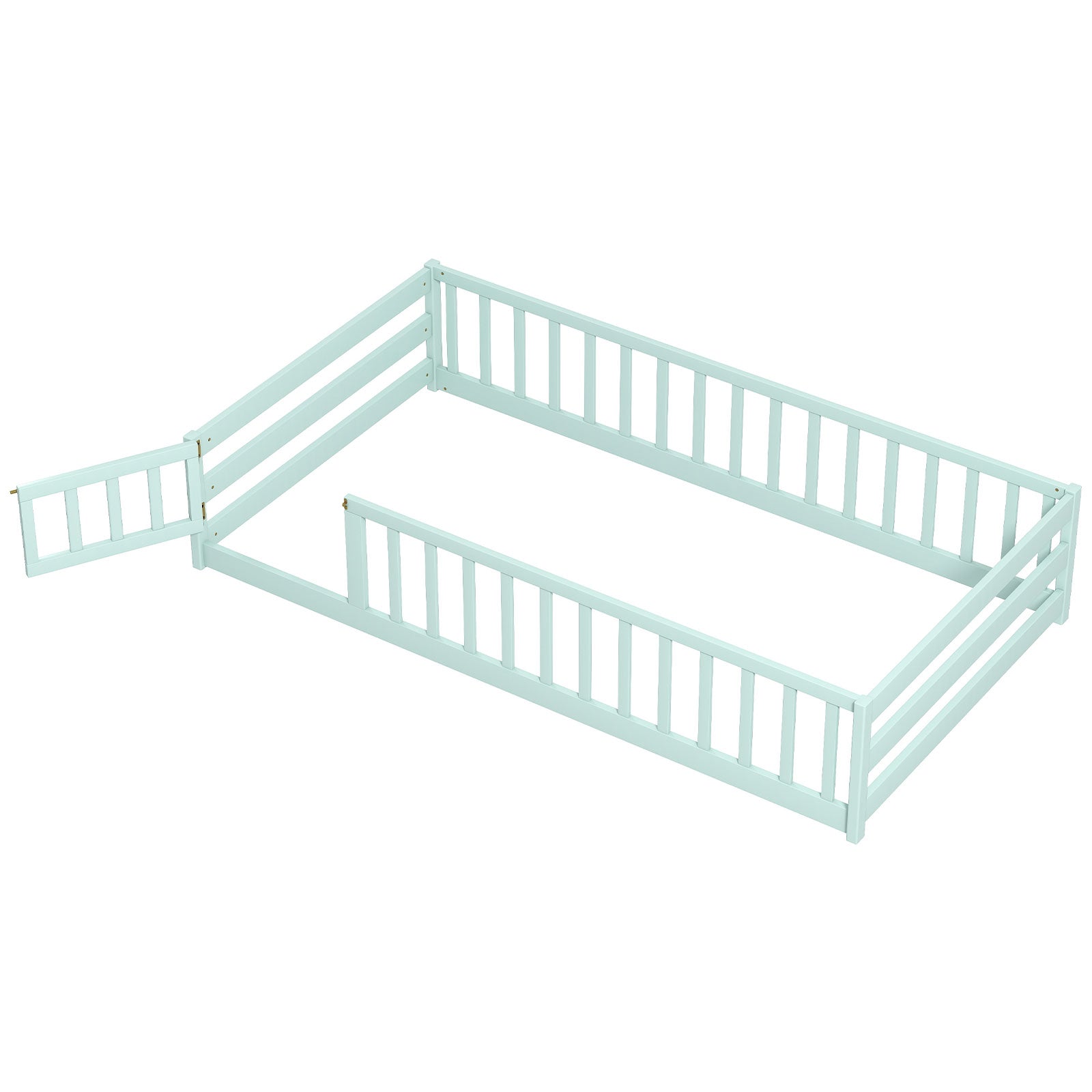 Twin Size Kids Wood Montessori Floor Bed with Door and Fence-Natural - Green