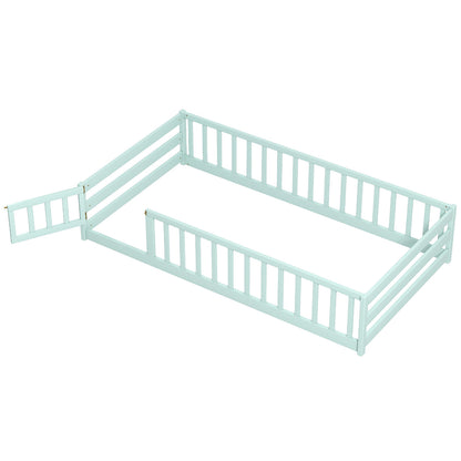 Twin Size Kids Wood Montessori Floor Bed with Door and Fence-Natural - Green