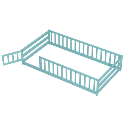 Twin Size Kids Wood Montessori Floor Bed with Door and Fence-Natural - Dark Green
