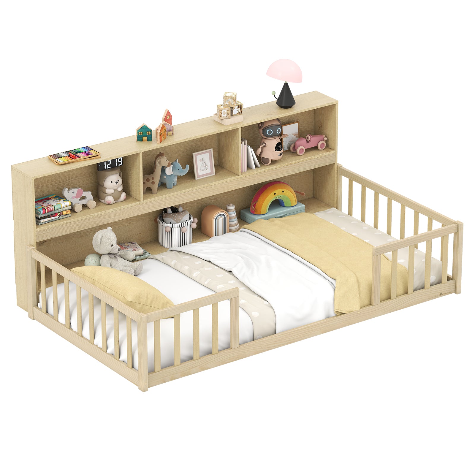 Twin Size Montessori Floor Bed with Bookcase-Natural - Natural