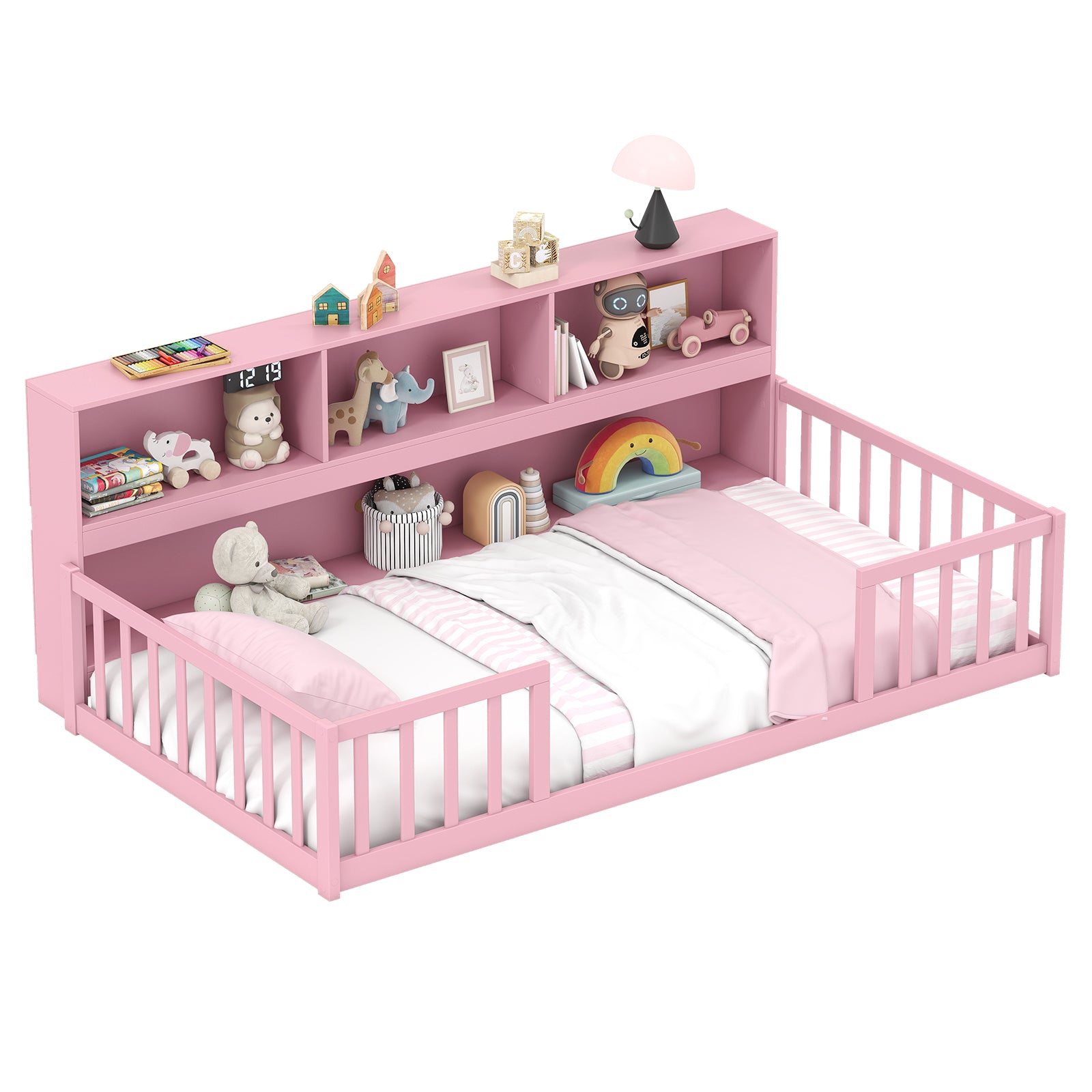 Twin Size Montessori Floor Bed with Bookcase-Natural - Pink