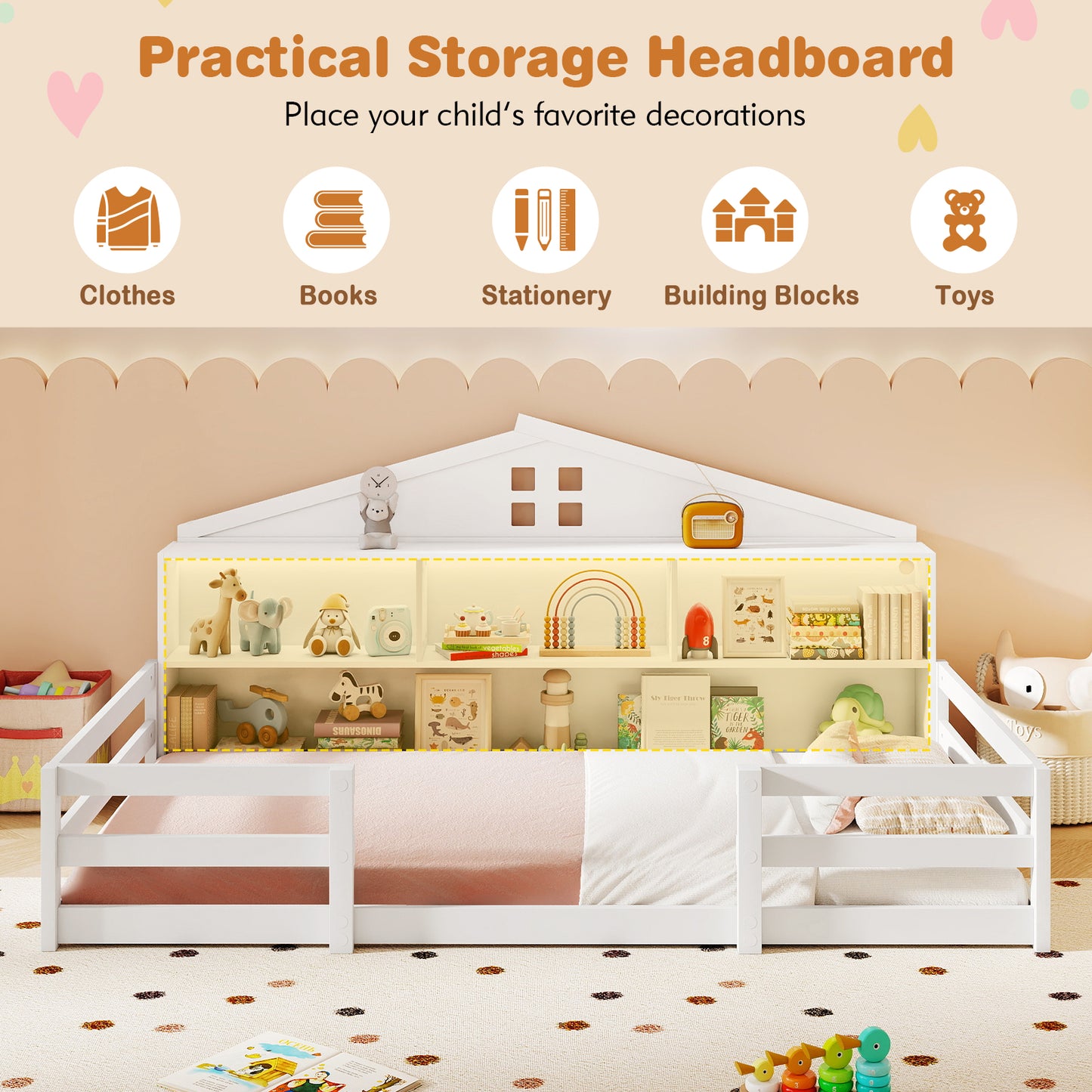 Twin Size Montessori Floor Bed with Storage Compartments and Shelf-White