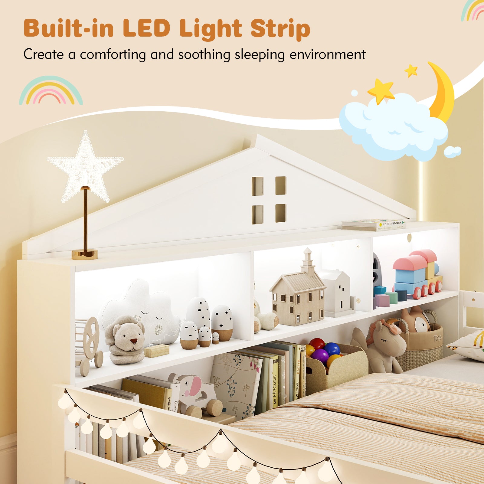 Twin Size Montessori Floor Bed with Storage Compartments and Shelf-White